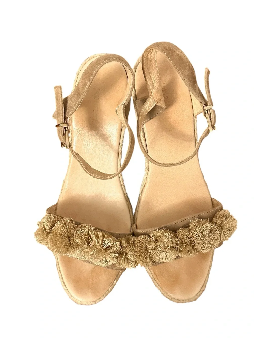 Saks Fifth Avenue Women’s Tan Suede Pom Pom Espadrille Wedges Resort Size 9